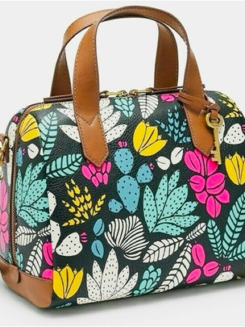 Fossil Floral Dome Satchel - Black with Pink, Yellow & Teal Accents